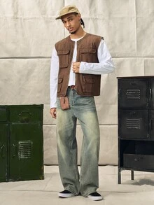 Norleigh HEHCN Men's Pocket Wide Leg Casual Loose Jeans, Retro Vintage Blue Streetwear Pants, Suitable For Gift To Husband, Boyfriend - Olive Green - View 4