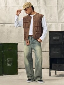 Norleigh HEHCN Men's Pocket Wide Leg Casual Loose Jeans, Retro Vintage Blue Streetwear Pants, Suitable For Gift To Husband, Boyfriend - Olive Green - View 7