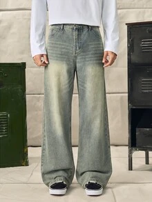 Norleigh HEHCN Men's Pocket Wide Leg Casual Loose Jeans, Retro Vintage Blue Streetwear Pants, Suitable For Gift To Husband, Boyfriend - Olive Green - View 3
