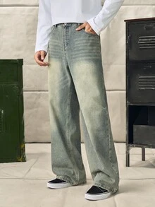 Norleigh HEHCN Men's Pocket Wide Leg Casual Loose Jeans, Retro Vintage Blue Streetwear Pants, Suitable For Gift To Husband, Boyfriend - Olive Green - View 1