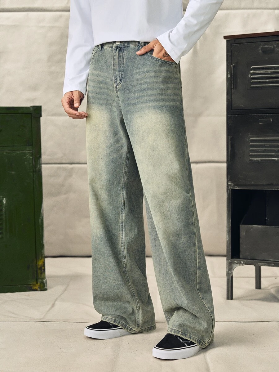 Norleigh HEHCN Men's Pocket Wide Leg Casual Loose Jeans, Retro Vintage Blue Streetwear Pants, Suitable For Gift To Husband, Boyfriend - Olive Green - View 1