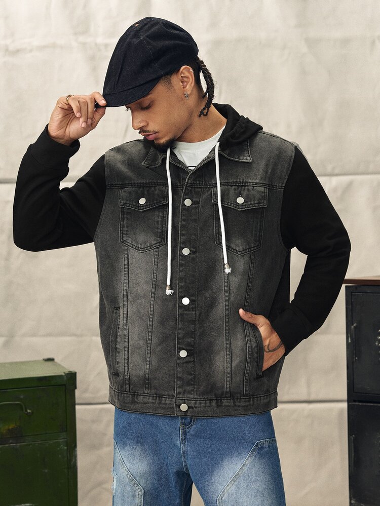 Norleigh Jaket Hoodie Denim Kasual Lengan Panjang Kancing Depan dengan Saku untuk Pria, Cocok untuk Musim Gugur - Hitam - View 1