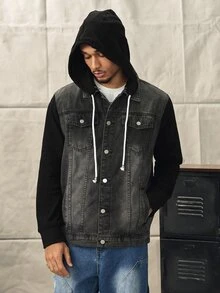 Norleigh 男士前扣长袖口袋休闲牛仔连帽夹克，适合秋季 - 黑色 - 查看 5