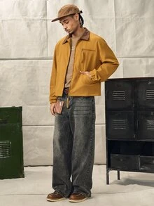 Norleigh 男士休閒翻領長袖前拉鍊工作夾克 - 駝色 - 查看 3