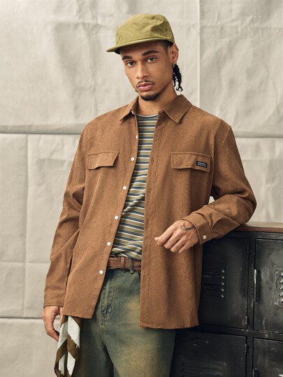 Norleigh Classic Men's Brown Corduroy Button-Down Shirt Long Sleeve With Regular Hem And Pockets For Business Commuting, Fall Winter