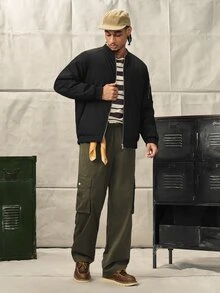 男士純色長袖拉鍊領抓絨休閒棒球夾克，秋冬工作外套 - 黑色 - 查看 8