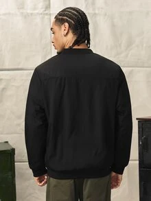 男士純色長袖拉鍊領抓絨休閒棒球夾克，秋冬工作外套 - 黑色 - 查看 2