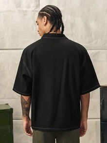 男士休闲简约撞色缝线短袖衬衫，街头潮流必备单品 - 黑色 - 查看 2