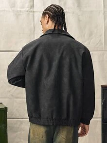 Norleigh 1件裝男士長袖復古做舊全拉鍊PU皮革夾克，休閒機車風男士皮夾克，秋冬/春季工作夾克 - 黑色 - 查看 2