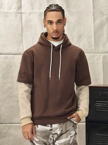 Norleigh Loose Men Colorblock Drawstring 2 In 1 Hoodie, Brown Hoodie Men, Brown Sweatshirt, Hoodies For Men Oversized, For Fall, Long Sleeve Top - Coffee Brown - View 5