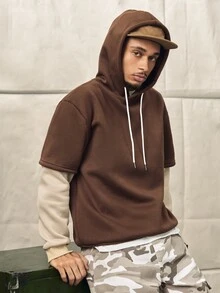 Norleigh Loose Men Colorblock Drawstring 2 In 1 Hoodie, Brown Hoodie Men, Brown Sweatshirt, Hoodies For Men Oversized, For Fall, Long Sleeve Top - Coffee Brown - View 6