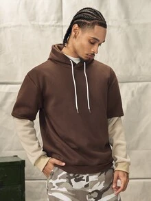 Norleigh Loose Men Colorblock Drawstring 2 In 1 Hoodie, Brown Hoodie Men, Brown Sweatshirt, Hoodies For Men Oversized, For Fall, Long Sleeve Top - Coffee Brown - View 4