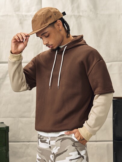 Norleigh Loose Men Colorblock Drawstring 2 In 1 Hoodie, Brown Hoodie Men, Brown Sweatshirt, Hoodies For Men Oversized, For Fall, Long Sleeve Top