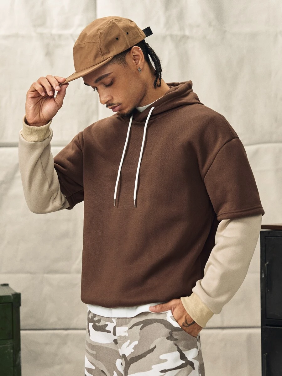 Norleigh Loose Men Colorblock Drawstring 2 In 1 Hoodie, Brown Hoodie Men, Brown Sweatshirt, Hoodies For Men Oversized, For Fall, Long Sleeve Top - Coffee Brown - View 1