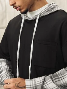 Norleigh 男士宽松格纹拼接口袋落肩抽绳二合一连帽衫，格纹连帽衫，黑色连帽衫，秋季款，长袖上衣 - 黑色 - 查看 6