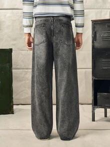 Norleigh 1件 Justice Brother 男士宽松水洗牛仔休闲阔腿牛仔裤（不含腰带和配饰） - 灰色 - 查看 3