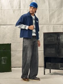 Norleigh 1件 Justice Brother 男士宽松水洗牛仔休闲阔腿牛仔裤（不含腰带和配饰） - 灰色 - 查看 9