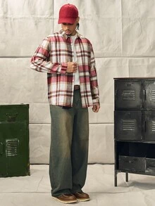 男士休閒格紋前扣長袖襯衫，秋季法蘭絨男士必備單品，送禮街頭穿搭襯衫外套 - 彩色 - 查看 7