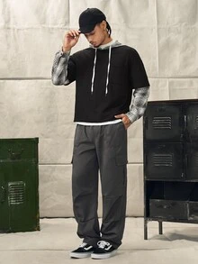 Norleigh Men Casual Drawstring Waist Loose Straight Leg Multi-Pocket Grey Cargo Pants, Fall - Dark Grey - View 8