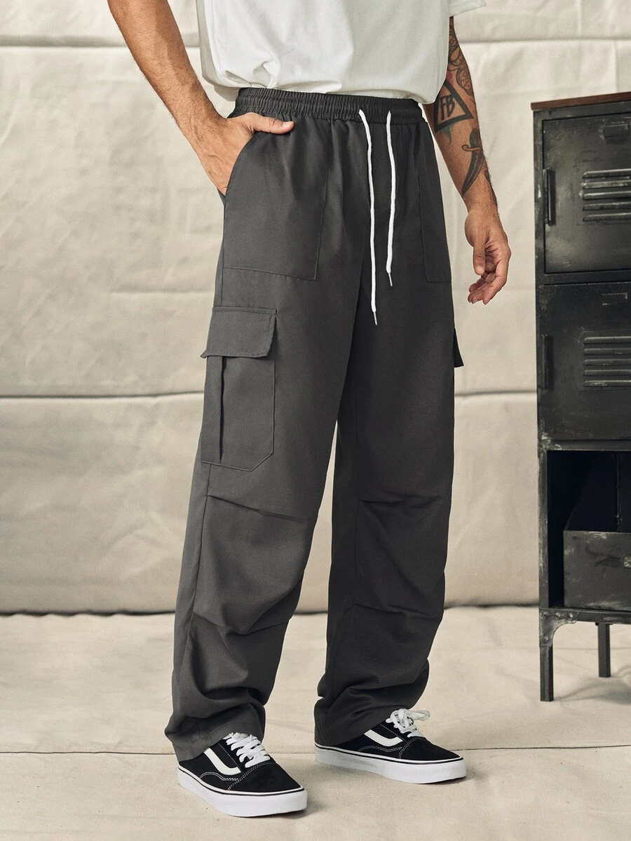 Norleigh Men Casual Drawstring Waist Loose Straight Leg Multi-Pocket Grey Cargo Pants, Fall - Dark Grey - View 1