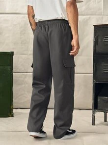 Norleigh Men Casual Drawstring Waist Loose Straight Leg Multi-Pocket Grey Cargo Pants, Fall - Dark Grey - View 2