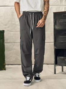 Norleigh Men Casual Drawstring Waist Loose Straight Leg Multi-Pocket Grey Cargo Pants, Fall - Dark Grey - View 3