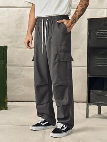 Norleigh Men Casual Drawstring Waist Loose Straight Leg Multi-Pocket Grey Cargo Pants, Fall - Dark Grey - View 7