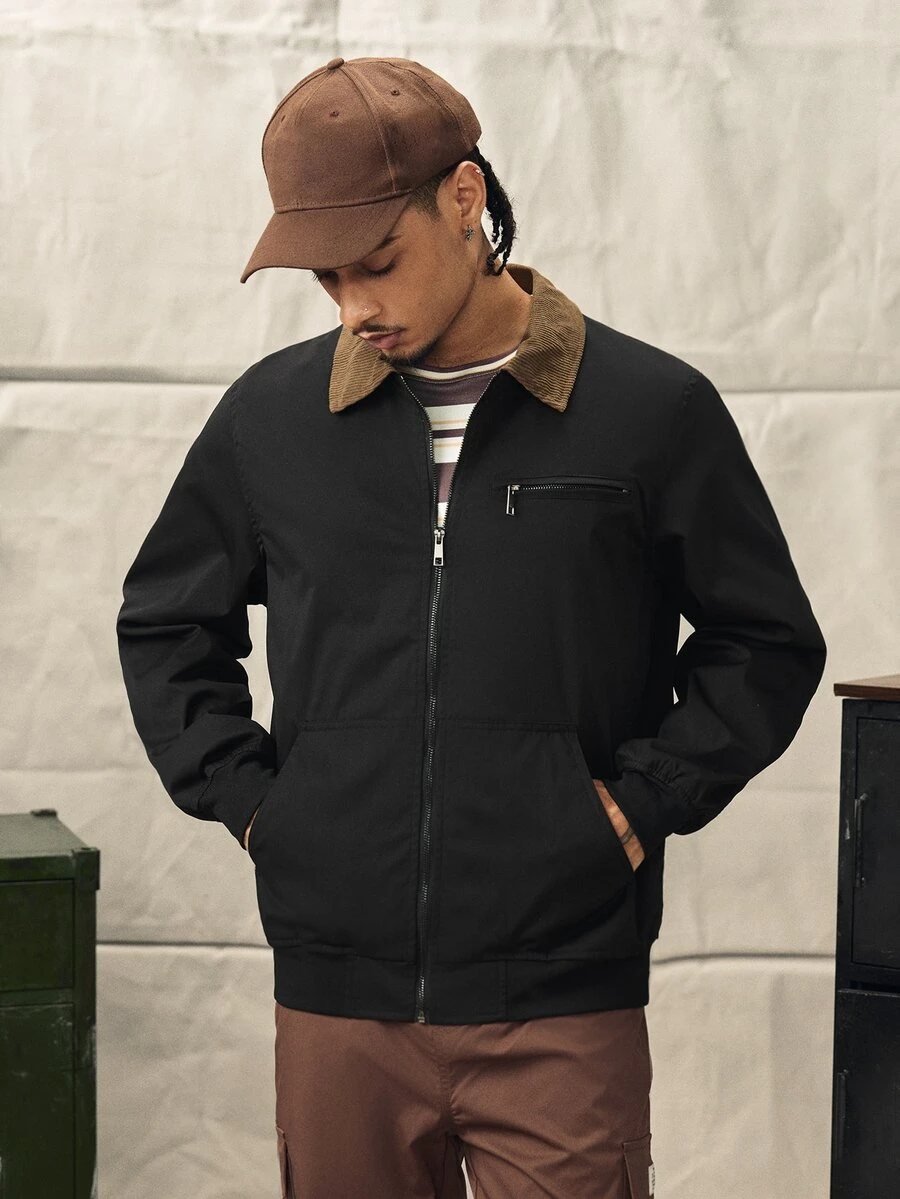 Norleigh Men's Jacket, Men's Coat, Lapel Jacket, Polyester, Non-Stretch, Multi-Pocket, Casual Loose Versatile Zip-Up Jacket, New Vintage Cargo Jacket For Men - Black - View 1