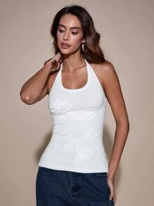 SHEIN Unity Women's Solid Color Slim Fit Versatile Daily Wear Knit Halter Top - White - View 3