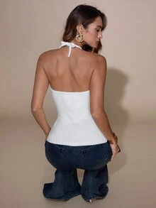 SHEIN Unity Women's Solid Color Slim Fit Versatile Daily Wear Knit Halter Top - White - View 2