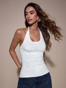SHEIN Unity Women's Solid Color Slim Fit Versatile Daily Wear Knit Halter Top - White - View 4
