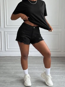 SHEIN ICON Plus Size Summer Casual Washed Distressed Denim Shorts - Black - View 3