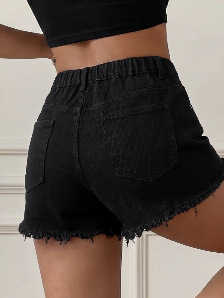 SHEIN ICON Plus Size Summer Casual Washed Distressed Denim Shorts - Black - View 2