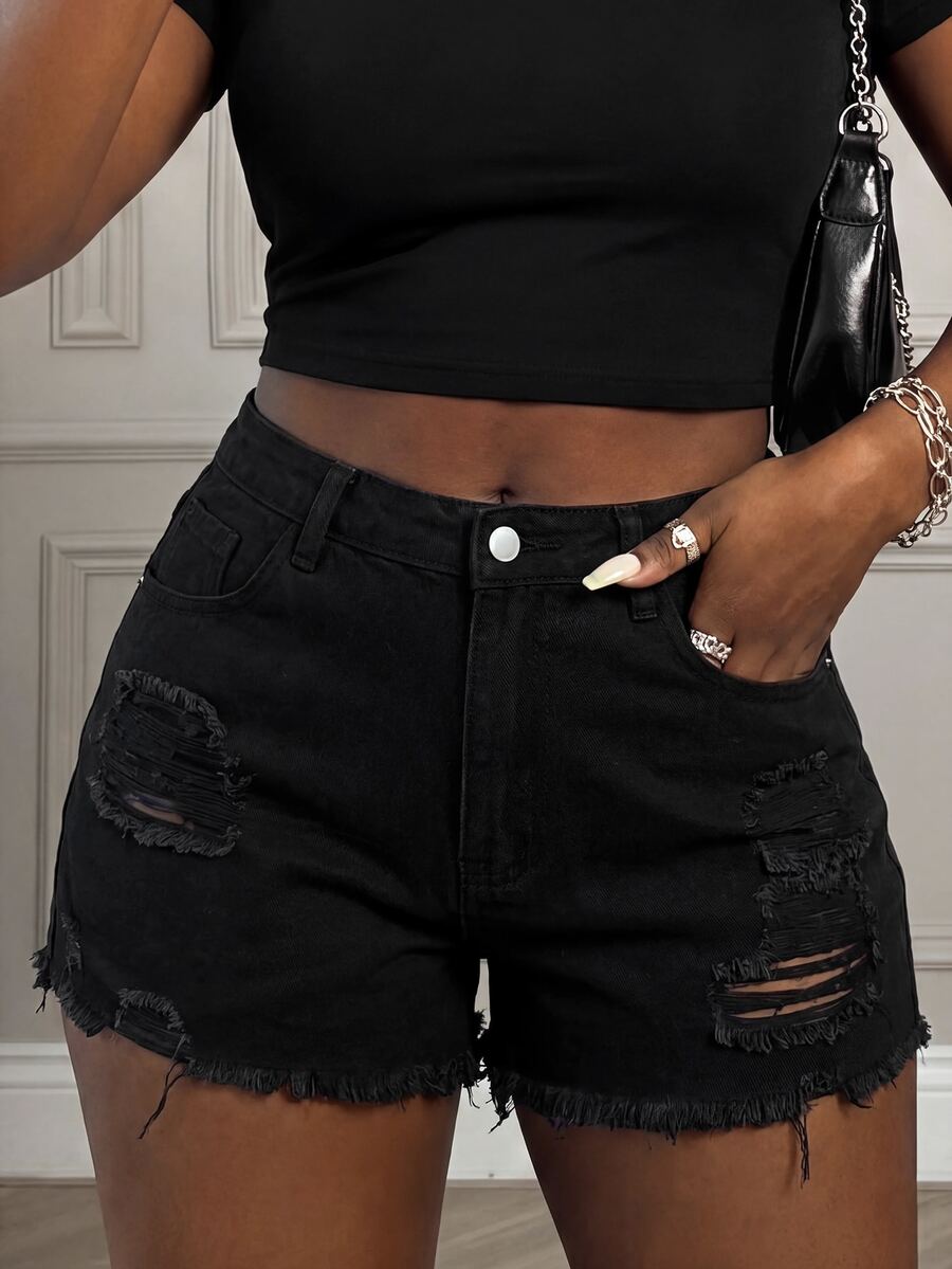 SHEIN ICON Plus Size Summer Casual Washed Distressed Denim Shorts - Black - View 1