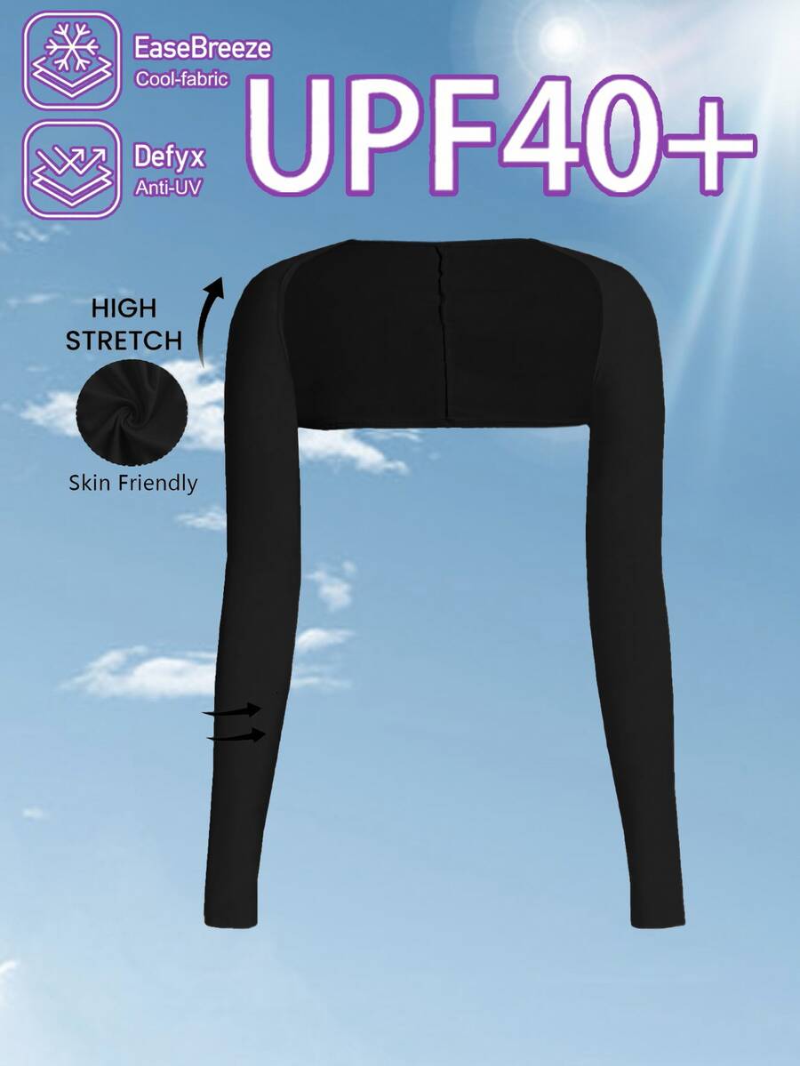 SHEIN EZwear 加大码披肩上衣长袖带指孔,舒适透气,防紫外线,女士防晒凉爽披肩 - 黑色 - 查看 1