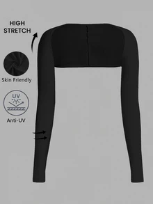 SHEIN EZwear 加大码披肩上衣长袖带指孔，舒适透气，防紫外线，女士防晒凉爽披肩 - 黑色 - 查看 6