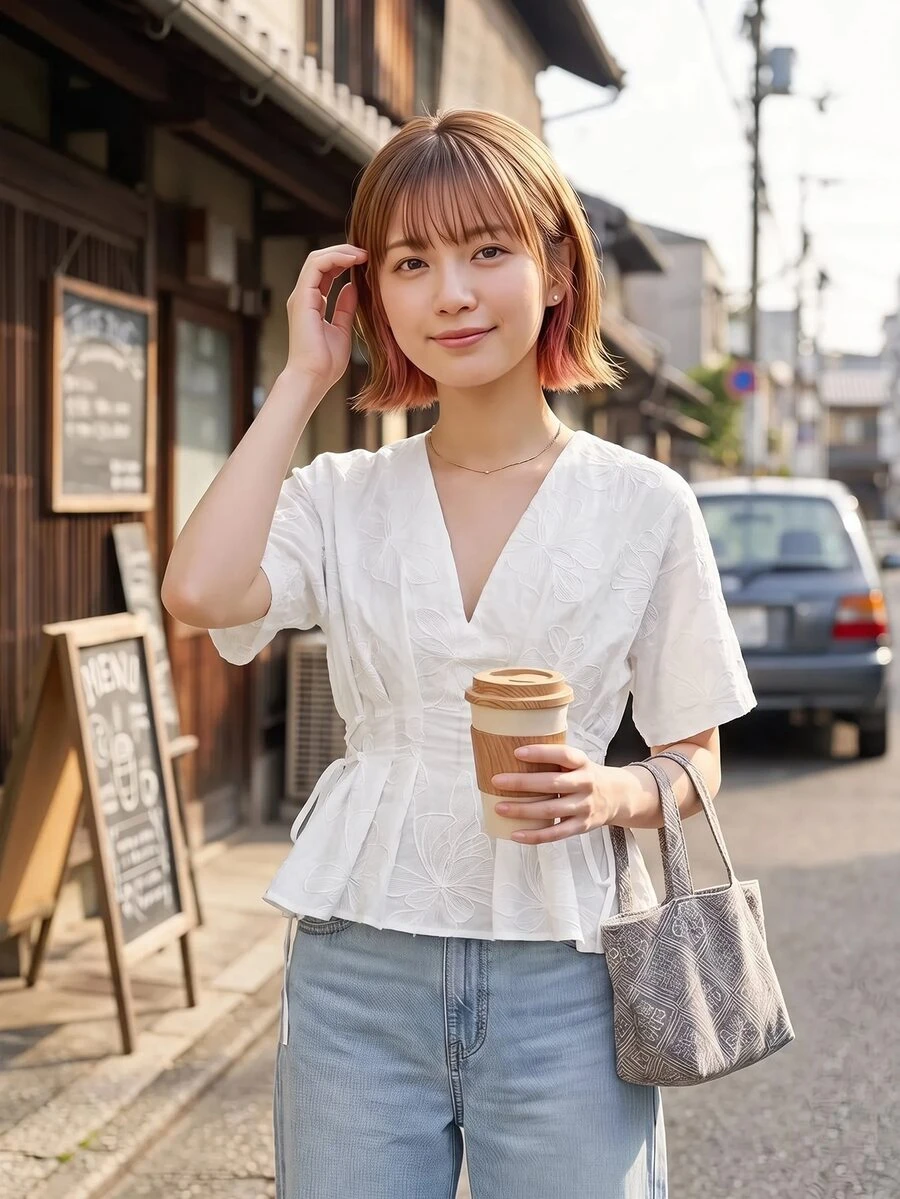Maija 白色花卉刺繡拼接女款襯衫,V領繫腰百褶喇叭下擺,休閒簡約優雅教師節風格夏季茶會穿搭 - 白色 - 查看 1
