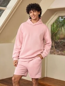 Whitmere مجموعة بلوزة هودي كاجوال للرجال 2 قطعة، بدلة رياضية، طقم شورت، مناسب للجنسين، مناسب للارتداء اليومي والمنزل، للأزواج، مطرز - وردي فاتح - مشاهدة 4