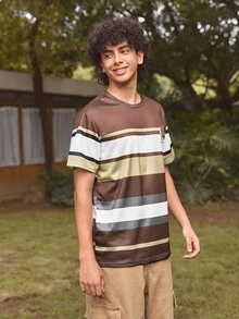 Whitmere 男士時尚休閒T恤－條紋多色圓領短袖，可機洗，四季舒適，適合日常穿著 - 咖啡棕 - 查看 6