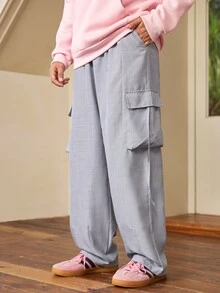 Whitmere 1pc Men's Japanese Cargo Style Style Side Ribbon Large Patch Pocket Wide Leg Casual Loose Silhouette Straight Leg Pants - Dusty Blue - View 1