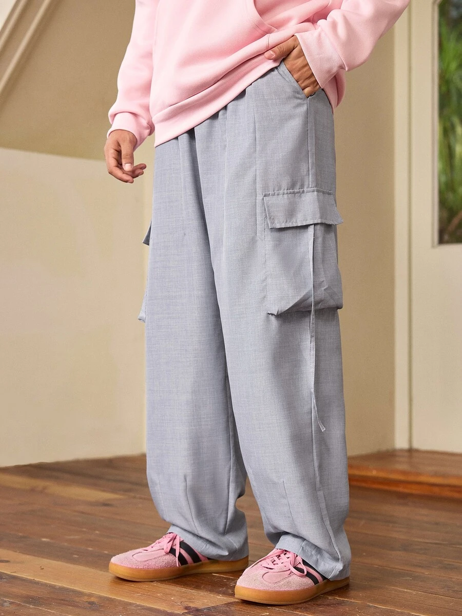 Whitmere 1pc Men's Japanese Cargo Style Style Side Ribbon Large Patch Pocket Wide Leg Casual Loose Silhouette Straight Leg Pants - Dusty Blue - View 1