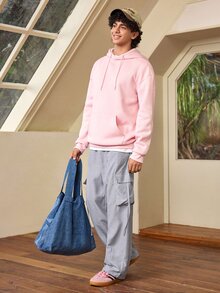 Whitmere 1pc Men's Japanese Cargo Style Style Side Ribbon Large Patch Pocket Wide Leg Casual Loose Silhouette Straight Leg Pants - Dusty Blue - View 3