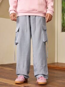 Whitmere 1pc Men's Japanese Cargo Style Style Side Ribbon Large Patch Pocket Wide Leg Casual Loose Silhouette Straight Leg Pants - Dusty Blue - View 6