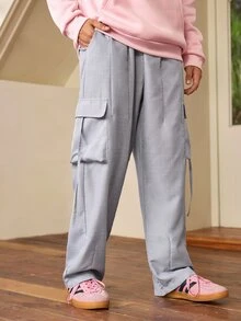 Whitmere 1pc Men's Japanese Cargo Style Style Side Ribbon Large Patch Pocket Wide Leg Casual Loose Silhouette Straight Leg Pants - Dusty Blue - View 4
