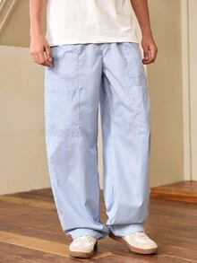 1pc Men's Japanese Casual Style Fine Vertical Striped Patch Pocket Wide Leg Loose Silhouette Straight Leg Long Pants - Blue - View 4