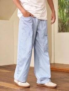 1pc Men's Japanese Casual Style Fine Vertical Striped Patch Pocket Wide Leg Loose Silhouette Straight Leg Long Pants - Blue - View 6