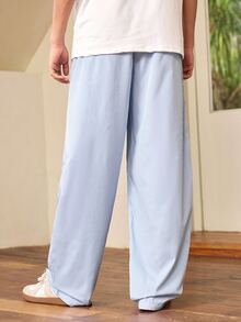1pc Men's Japanese Casual Style Fine Vertical Striped Patch Pocket Wide Leg Loose Silhouette Straight Leg Long Pants - Blue - View 2