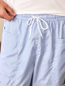 1pc Men's Japanese Casual Style Fine Vertical Striped Patch Pocket Wide Leg Loose Silhouette Straight Leg Long Pants - Blue - View 8