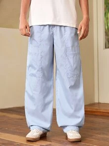 1pc Men's Japanese Casual Style Fine Vertical Striped Patch Pocket Wide Leg Loose Silhouette Straight Leg Long Pants - Blue - View 5