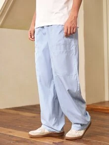 1pc Men's Japanese Casual Style Fine Vertical Striped Patch Pocket Wide Leg Loose Silhouette Straight Leg Long Pants - Blue - View 1
